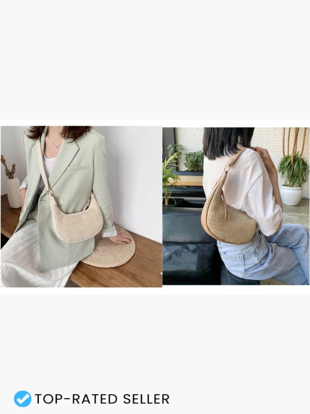 Natural Straw Tote Bag Handwoven Beach Bag Summer Retro Crossbody Shoulder Hobo - Picture 7 of 7